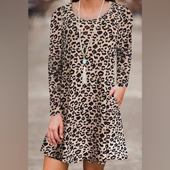 ZESICA Damask Print Long Sleeve Dress with Pocket in Leopard- Size Small - Picture 3 of 4